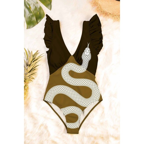 AVERIE Corina Plunge One Piece Ruffle Snake Design Swimsuit Medium Msrp $135 - Picture 3 of 7